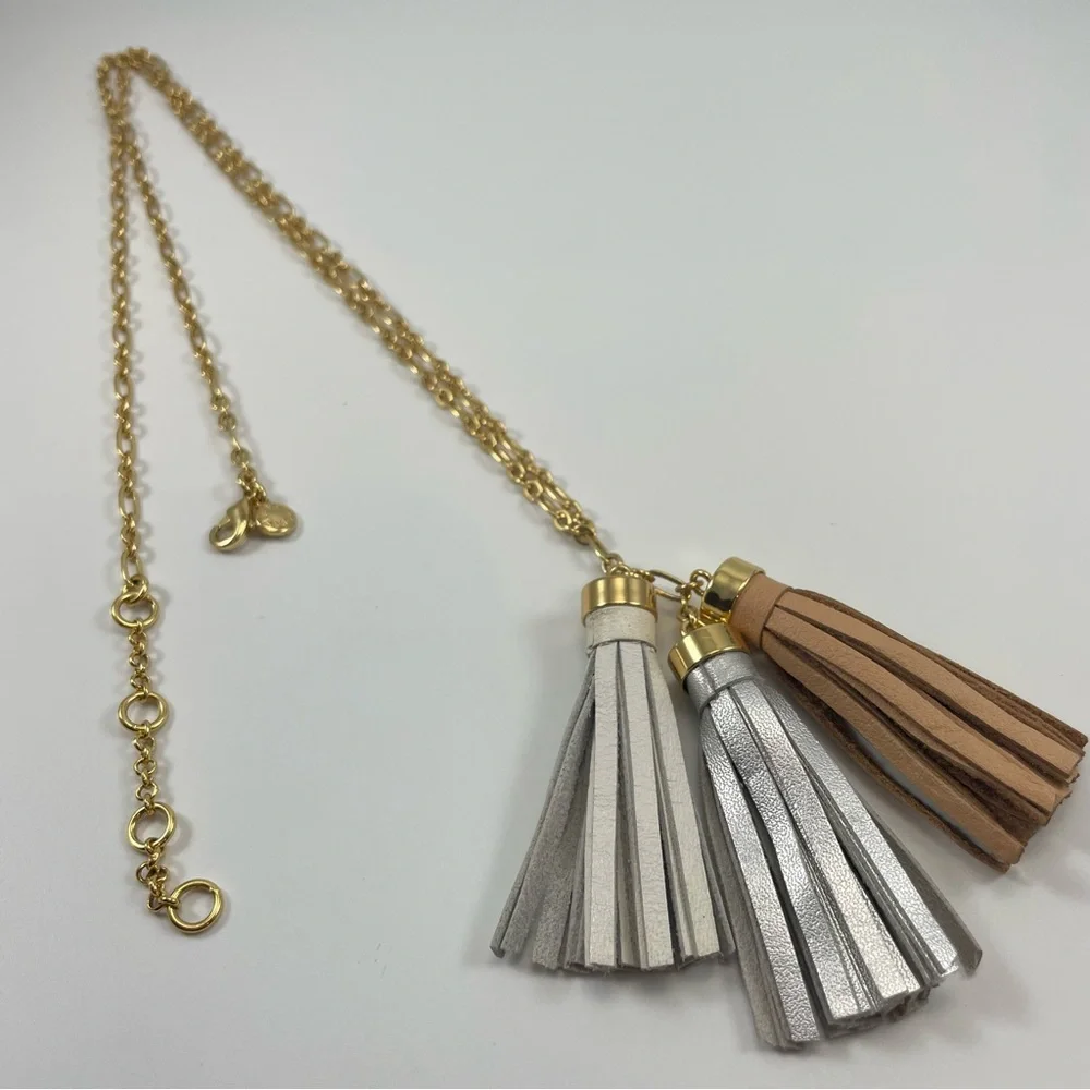 J. Crew Gold Tone Triple Leather Tassel Pendant Long Chain Necklace Boho Classic